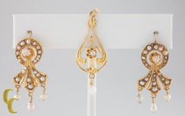Diamond &amp; Seed Pearl Vintage 14k Yellow Gold Pendant &amp; Earring Set - £656.03 GBP