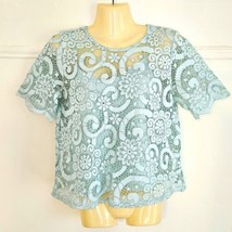 Nanette Lepore Mint Green Lace Blouse Top Tie Back Small S Short Sleeve Eyelet - $18.95