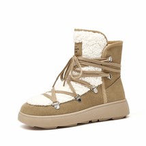 Snow Boots Women Flats Lace Up Round Toe Cow Suede Warm Fur Mixed Color Casual O - £125.14 GBP