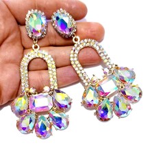 Iridescent Drop Earrings, Rhinestone Chandelier Earrings, Stage or Pageant Jewel - £33.23 GBP