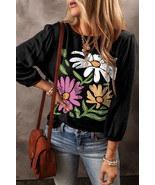 Black Flower Print Bracelet Sleeve Round Neck Top - $27.14 CAD