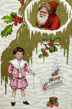 Early 1900&#39;s Santa Claus Brown Fur Trim Hat Child Playing Christmas Postcard - £7.79 GBP