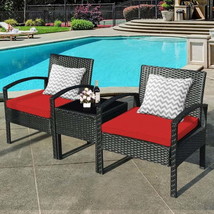 3 Pieces Outdoor Rattan Patio Conversation Set with Seat Cushions-Red - £143.07 GBP