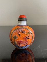 Vintage Chinese Peking Glass Snuff Bottle with Carved Deer and Birds Decoration - $75.00