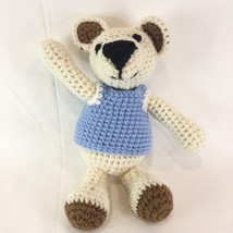 Vintage Cream Crocheted Teddy Bear Handmade w Blue Top Big Nose - £15.56 GBP