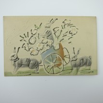 Easter Postcard Rabbits Cart Lily Flowers 3D Embossed Silver Glitter Antique - £7.85 GBP