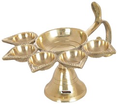 Brass Gold Panch Arti Diya Puja Oil Lamp for Deepavali Oil Lamp FREE SHI... - $18.80