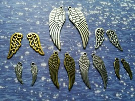 14 Angel Wing Charms Pendants Assorted Antiqued Silver Bronze Gold 50mm 40mm  - £4.30 GBP