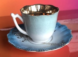 Antique Petite Demitasse Cup &amp; Saucer Set Blue &amp; White w/ Gold Gilt accents - $27.62