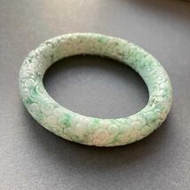 59mm Carved Burmese Jadeite Bangle: Green Jade Flower Bracelet - $250.00