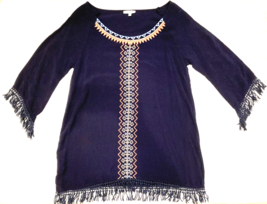 JODIFL Top Womens Medium Navy Shirt Blouse Boho Fringe Peasant Tribal Em... - £5.73 GBP