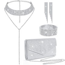 4 Pcs Silver Purse Jewelry Set For Women Rhinestone Wedding Bride Jewelry Prom E - £32.48 GBP