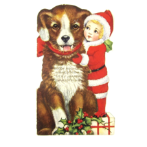 Antique Christmas Card Booklet Story Die-cut Child Santa Suit &amp; Dog c. 1... - £39.95 GBP