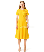 Kate Middleton Inspired Yellow Bow Details Short-Sleeved Fit-&amp;-Flare Mid... - $2,208.71 MXN