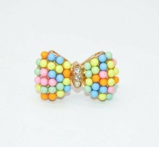 Pastel Colored Bead Beaded Clear Rhinestone Large Bow Gold Tone Ring 7.75 - £15.15 GBP