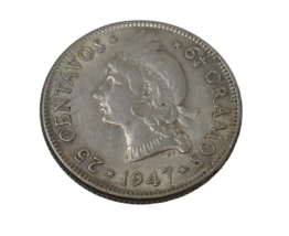Dominican Republic 1947 Coat of Arms 25 Centavos Silver Coin - $19.59