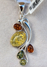 Natural Multi Color Amber Pendant Necklace in Sterling Silver on 925 20&quot; Chain - £34.21 GBP