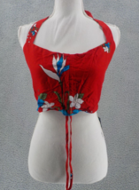 Hibiscus Collection Halter Crop Top Red Hibiscus Beach Blouse Adjustable Ruche - £11.79 GBP