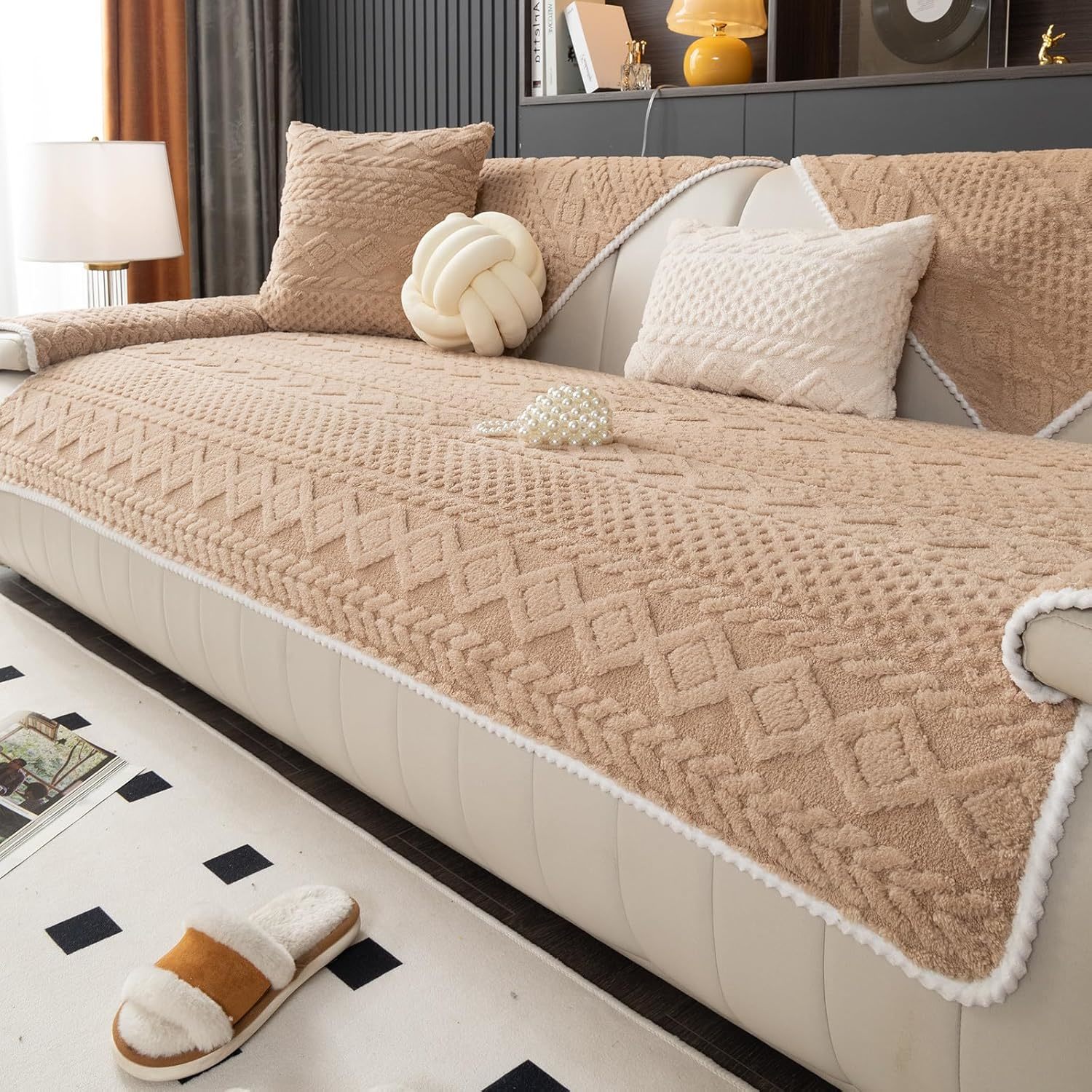 Geometric Jacquard Plush Warm Sofa Couch Cover, Soft Funny, Khaki, 36&quot;X 63&quot; - $39.99