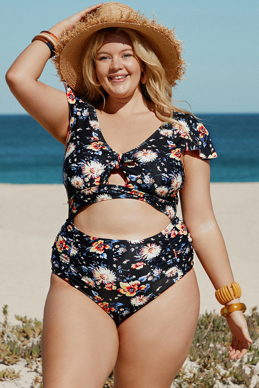 Blue Plus Size Flutter Cap Sleeve Floral High Waist Bikini Item image 5