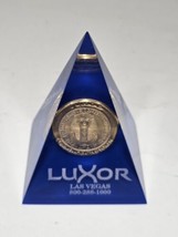 Vintage Gold Colored Luxor Coin In Lucite Pyramid Paperweight 3.5 Inch High - $13.56