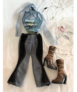 Barbie Doll Outfit Crop Top w Toule Scarf Boot Length Blue Pants Brown B... - €11,03 EUR