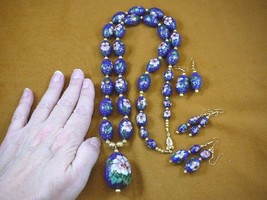(V-277) big Blue Cloisonne bead gold 35&quot; Necklace + 3 pairs dangle earrings set - $309.47
