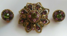 Vintage Faceted Purple, Green, Pink Rhinestone Brooch &amp; Clip-on Earrings... - $64.35