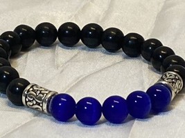 Stretch Bracelet Blue Cat Eye and Black Stone Beads Silver Accents 6.5&quot; Handmade - £11.84 GBP