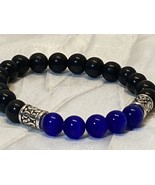 Stretch Bracelet Blue Cat Eye and Black Stone Beads Silver Accents 6.5&quot; ... - £11.78 GBP