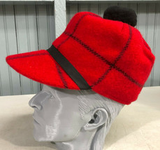 Scotch Hunting Red Plaid Pom Made in USA Ear Flaps 6 3/8 Langenberg Hat Cap - £35.54 GBP