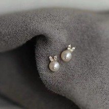 9ct Solid Gold Bunny Pearl Stud Earrings - freshwater pearl, zirconia, 9K Au375 - £72.97 GBP