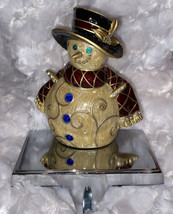 Vintage Snowman Stocking Holder Jeweled Very Pretty Slight Scratches On Silver - £12.01 GBP