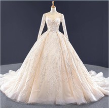 Beautiful Ball Gown Wedding Dress Long Sleeve Sequined Beading Tulle Luxury Robe - £502.96 GBP