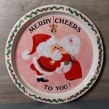 Merry Christmas Cheers Kissing Santa Claus Tin Metal Round Serving Tray ... - $23.53