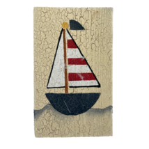 Sailboat Painted on Wooden Block Red &amp; White Stripes 3 x 5 inches - £19.77 GBP