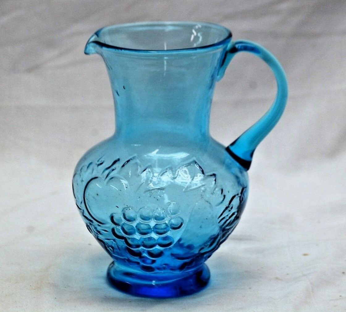 Vintage Style Blue Glass Pitcher w Grape Pattern Design Kitchen Tool Decor - $16.82