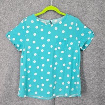 Van Heusen Blouse Womens Medium Blue White Polka Dot Linen Blend Short Sleeve - £12.97 GBP