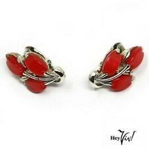 Vintage Coro 1&quot; Clip On Earrings - Red Thermoset Tulips in Silver Tone -... - £17.58 GBP