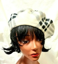 Large Solid Cream White Checkered French Fleece Beret Hat - $17.00