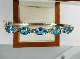 Gold Plated 925 Silver  5.44CT Oval Cut Simulated Blue Topaz  Bangle Bracelet - £158.23 GBP