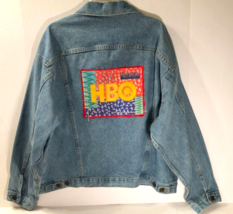 Vintage 90s HBO Blue Denim Stitched Movies Cable Trucker Jacket XL - £34.26 GBP