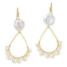 Beautiful Freshwater Pearl Adorned Teardrops Brass Dangle Earrings - £13.58 GBP