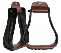 Western Horse Black Steel w/ Leather Tread Wide width Western Saddle Sti... - £23.90 GBP