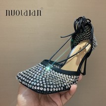 Size 35-42 Crystal Green Women Fishnet Pumps Runway Square Toe Ankle Cross Tied  - £41.30 GBP