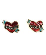 LOVE HEART EARRINGS Classic Tattoo Style Valentines Day Stud Post Gold E... - $146.36 MXN