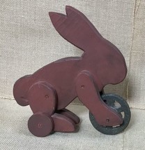 Rustic Primitive Brown Wood Bunny Rabbit On Wheels Farmcore Cottagecore - $34.65