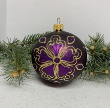 Purple with gold flower glitter glass ball Christmas ornament, XMAS decoration - £10.08 GBP