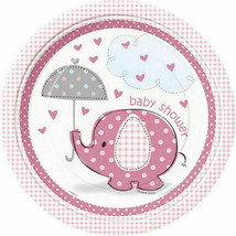 Umbrella Elephant Pink Girl Baby Shower 8 9&quot; Dinner Lunch Plates - £3.09 GBP
