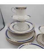♻️ Mikasa Blue Grimaldi 19-Pc Complete Dinnerware Set Gold Rim 1980&#39;s 4-... - $188.09